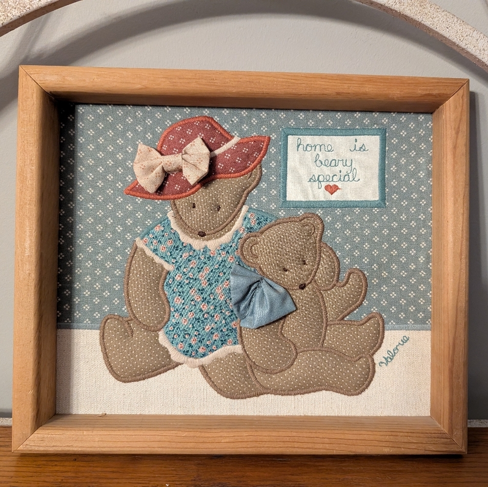 Vintage Framed Bear Art with Red and Blue Accents